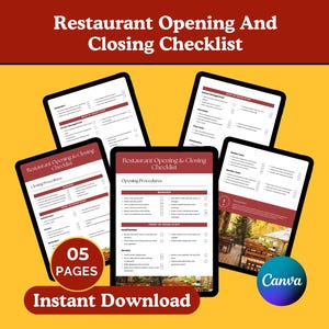 Restaurant Opening and Closing Checklist, Weekly & Monthly Tasks, Restaurant Cleaning, Restaurant Training Canva Template