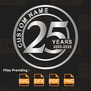 Logotipo personalizado para 25º aniversário | Emblema personalizado para comemoração de 25 anos | Nome e ano editáveis | Download digital (SVG, PDF, PNG)