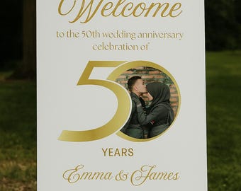 Cartel de bienvenida con foto para el 50.º aniversario: Plantilla de Canva para bodas de oro (descarga digital)