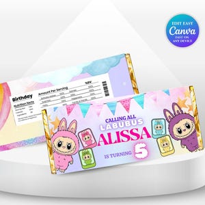 Labubu Birthday Chocolate Bar Label Labubu Theme Party Labubu Girl 5th Birthday Party Favors Labubu Doll Party Labubu Printable Mokoko LB2