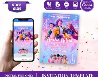 KPop Demon Hunters Invitation Anime Theme Party Invite Girl 10th Birthday invite Kpop Seja Boys Party Invite Huntrix Birthday Card Kpop KDH1