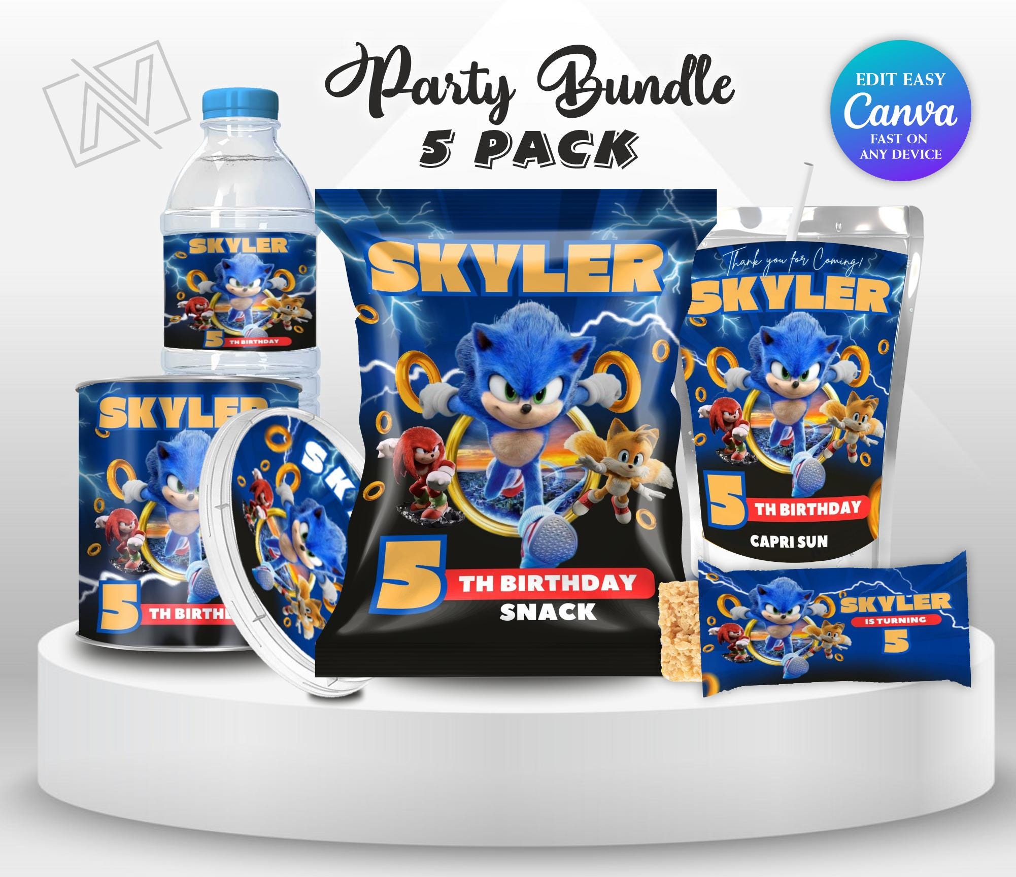 Sonic 3 Birthday Bundle Super Hedgehog Party Boy 5th Birthday Party Favor Caprisun Sonic Chip bag Sonic Theme Party Knuckle Party Invite SS4