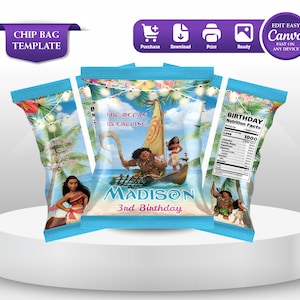 Chip Bag Label Moana Birthday Party Favor Label Moana theme Party Boy 3rd Birthday Party Favor Luau Party Decor Tiana Birthday Printable MN1
