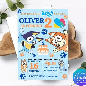 Convite de aniversário de cachorro azul Tema de cachorro azul Convite para festa de aniversário de menina Convite para crianças Convite para festa de cachorro azul Convite para festa de menino Decoração para festa de menina P07