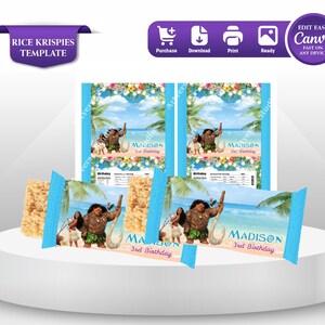 Rice Krispies Label Moana Birthday Party Favor Label Moana theme Party Boy 3rd Birthday Favor Luau Party Decor Tiana Birthday Printables MN1