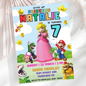 ピーチ姫招待状 ピーチテーマパーティー招待 スーパーマリオプリンセス誕生日7歳の招待 ピーチプリンセス招待 マリオルイージ招待 MP2