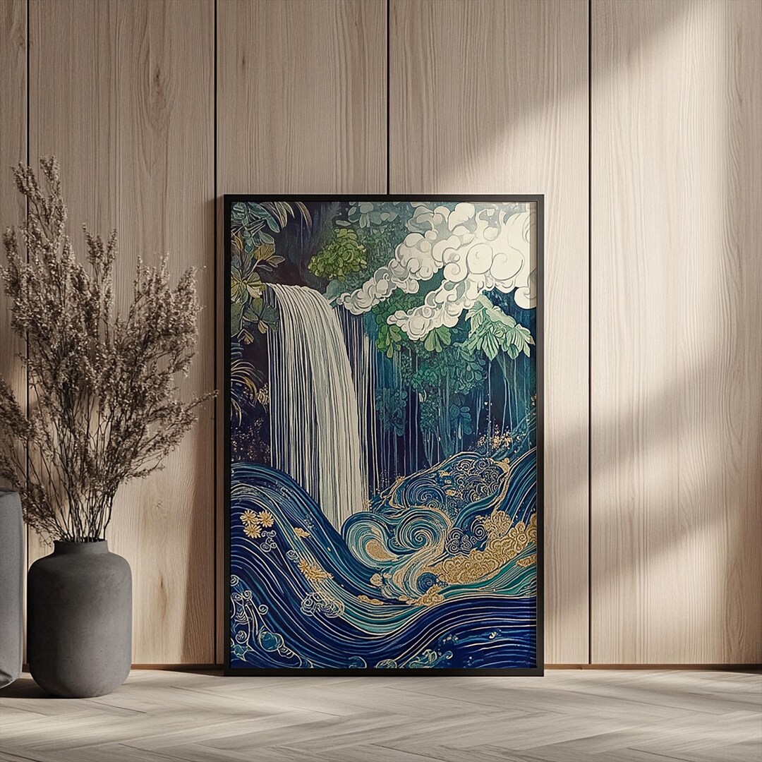 Japanese Art Nouveau Waterfall Print, Surreal White Clouds & Blue Waves ...