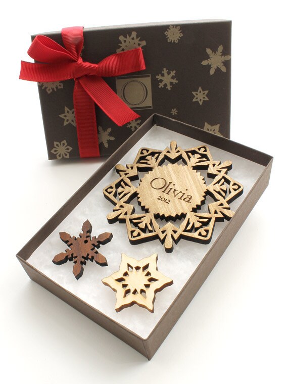 Items similar to Custom Ornament Gift Box Set Wood Snowflake Ornament