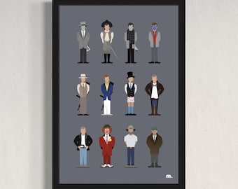May include: Framed print featuring stylized illustrations of various figures in different outfits. The figures are depicted in a minimalist style, with a focus on clothing and accessories. The color palette is muted, with shades of gray, black, and brown. The print is mounted in a black frame.