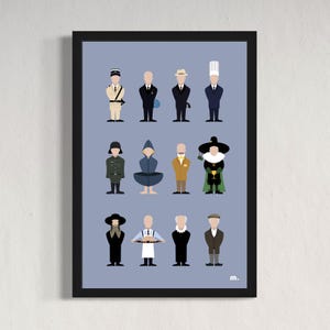 Peut inclure: Une affiche encadrée présentant des illustrations stylisées de diverses professions. Les personnages sont représentés dans un style minimaliste, chacun portant des tenues distinctives associées à leurs rôles respectifs, comme un chapeau de chef ou un uniforme militaire. Le fond est bleu clair uni.