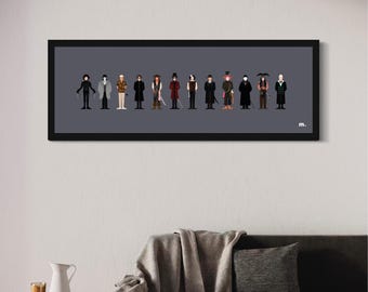 May include: A framed print featuring a series of stylized illustrations of characters in a row. The characters are depicted in a minimalist style with a gray background. The frame is black, and the print is displayed on a wall above a sofa.