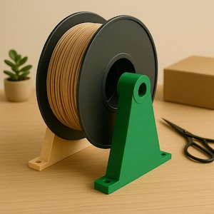 May include: A spool of brown filament is mounted on a green and beige 3D printer filament holder. The holder has a base and a vertical support arm.