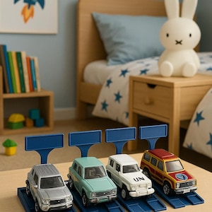 Puede incluir: Cuatro coches de juguete en soportes de exhibición azules. Los coches son plateados, azul claro, blanco y rojo. El coche blanco tiene las letras "UN" en el lateral.