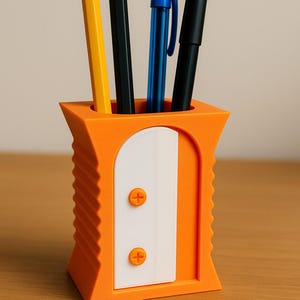 May include: Orange pencil holder shaped like a pencil sharpener, holding a yellow pencil, a black pencil, a blue pen, and a black pen. The holder has a white panel with two orange plus-shaped details.