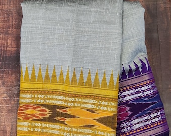 Handloom Raw Silk Ikkat Saree: Silver Gray, Ganga Jamuna border, Silk Mark Certified