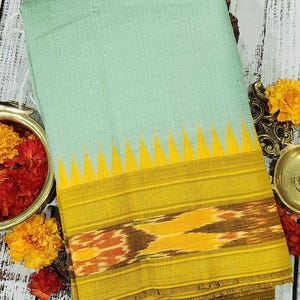 Handloom Raw Silk Ikkat Saree: Pista Green & Yellow, Silk Mark Certified