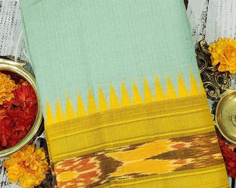Handloom Raw Silk Ikkat Saree: Pastel Green & Yellow, Silk Mark Certified