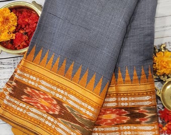 Handloom Pure Raw Silk saree with Ikkat Border| SILK MARK CERTIFIED\ Gray and Orange