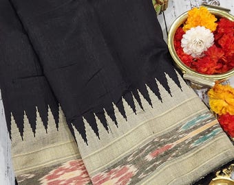 Handloom Raw Silk Ikkat Saree:Black and cream Beige, Silk Mark Certified, Temple Border