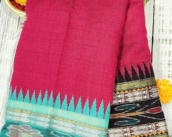 Handloom Raw Silk Ikkat Saree: Red Ganga Jamuna Border, Silk Mark Certified