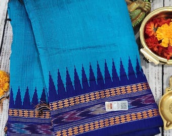 Handloom Pure Raw Silk saree with Ikkat Border| SILK MARK CERTIFIED\  Blue