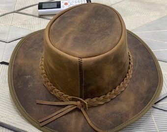Men and women Brown Genuine Leather Cowboy Western hat, Gift for father