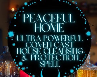 May include: A black circle with blue stars and the text "Peaceful Home Ultra Powerful Coven Cast House Cleansing & Protection Spell" in white.