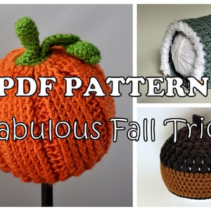 Può includere: Modello PDF per lavorare a uncinetto tre cappelli a tema autunnale: una zucca, una ghianda e un cappello con cappuccio. I cappelli sono realizzati con filato arancione, marrone, verde e grigio.