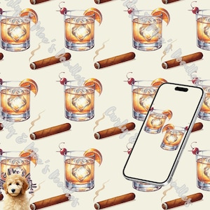 May include: A digital phone screen with a pattern of old fashioned glasses with cherries and orange slices, and cigars. The background is a cream color.