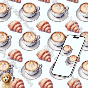 シームレスなラテ、コーヒー、クロワッサンの壁紙 | デジタル壁紙、コケット、コーヒー、デジタルデザイン、2 枚セットのダウンロード、ハート、ラテアート
