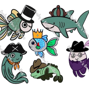Fish in Hats Clip Art Doodle Pack | Cute Fish & Hat, PNG, Printable Digital Download | Funny Fish Illustrations for Crafts and DIY Projects