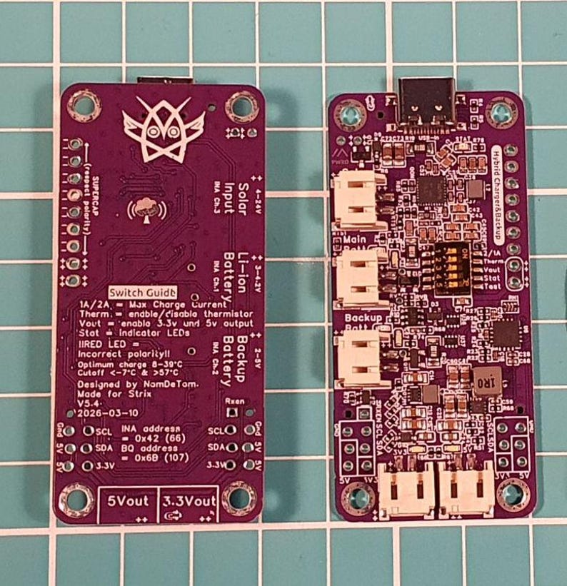 Puede incluir: Dos placas de circuito p&uacute;rpura con intrincados componentes electr&oacute;nicos. Una placa presenta texto que incluye "Switch Guide", "Li-ion Battery" y "Backup Battery". La otra placa tiene un logotipo de b&uacute;ho estilizado y especificaciones de voltaje y corriente.