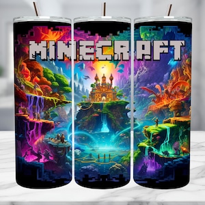 May include: A set of three stainless steel tumblers with a vibrant Minecraft-themed design. The design features a fantasy landscape with a castle, waterfalls, and the word "MINECRAFT" in pixelated letters. Each tumbler has a black lid and a straw.