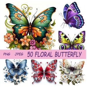 50 bunte Schmetterlinge und Blumen png und jpeg, sofortiger Download digitale grafische Illustration