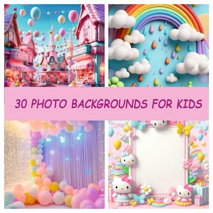 Puede incluir: Un conjunto de 30 fondos de fotos digitales para niños con temas coloridos y caprichosos. Los fondos incluyen una ciudad de colores de caramelo, un arcoíris con nubes y gotas de lluvia, un arco de globos con una cortina morada y un fondo temático de Hello Kitty con un marco blanco.