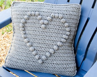 Crochet Heart Pillow Case, Bobble Heart, 12x12 and 14x14