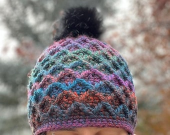 Patrón de gorro de crochet, gorro alpino, puntada gofre de diamantes.