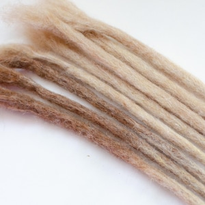 Peut inclure: Gros plan sur plusieurs dreadlocks de différentes nuances de brun et de blond. Les dreads sont disposées en diagonale sur un fond blanc, mettant en valeur leur texture et leurs variations de couleur. Produit capillaire naturel.