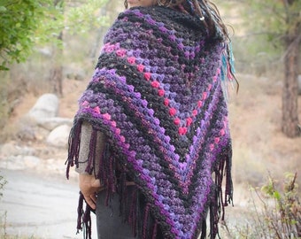 Crochet Poncho, Mystic Purple with Fringe