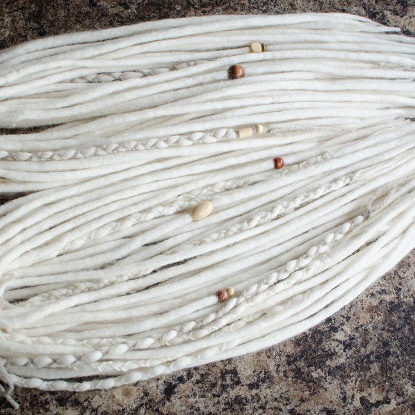 Single or Double ended Wool Dreadlock Extensions, Natural White