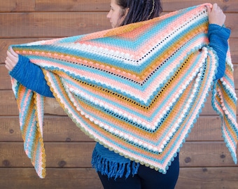 Gehaakt sjaalpatroon, de Sunrise-sjaal, driehoekige sjaal