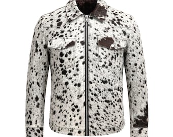 Genuine Handmade Hair-On Cowhide Western Style Leather Jacket | Black & White Cow Skin Cowhide Leather Jacket | Real Cowhide Jacket
