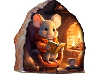 Adhesivo de pared 3D con diseño de ratón: Mural de vinilo con ratón leyendo para decoración infantil.
