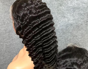HD 360 Full Lace Wig Deep Wave 13x6 HD Lace Frontal Wig: Virgin Remy Human Hair, Natural Black High Density