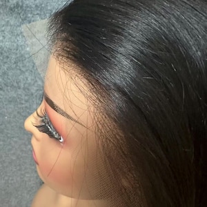 Pode incluir: Uma cabeça de manequim com uma peruca preta, com uma frente de renda. A peruca tem cabelo comprido e liso. O manequim tem maquiagem aplicada, incluindo cílios longos e batom rosa. O fundo é de cor cinza sólida.