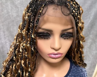 Schwarze Frauen gewellte lockige geflochtene Spitze Perücke: Locks Box Boho Black Blonde Balayage 13x6 Lace Frontal Perücken Kunsthaar