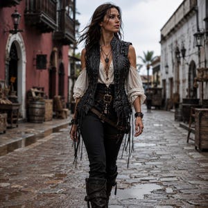 May include: A woman wearing a black leather vest with fringe, a white off-the-shoulder blouse, black pants, and boots. She is walking on a cobblestone street. The vest has a high collar and is cinched at the waist with a belt. The background features old buildings.