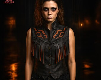 Orange Flamme Lederweste: Gothic Fransen Weste