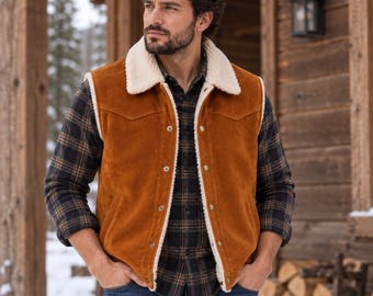 Herenvest van suèdeleer, westernvest met schapenvachtvoering, cadeau voor ranch- en outdoorwerk.
