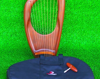 Handmade 10 String Lyre Harp Mahogany with Padded Case | Beginner Harp Instrument with Tuning Key | Gift for Musicians